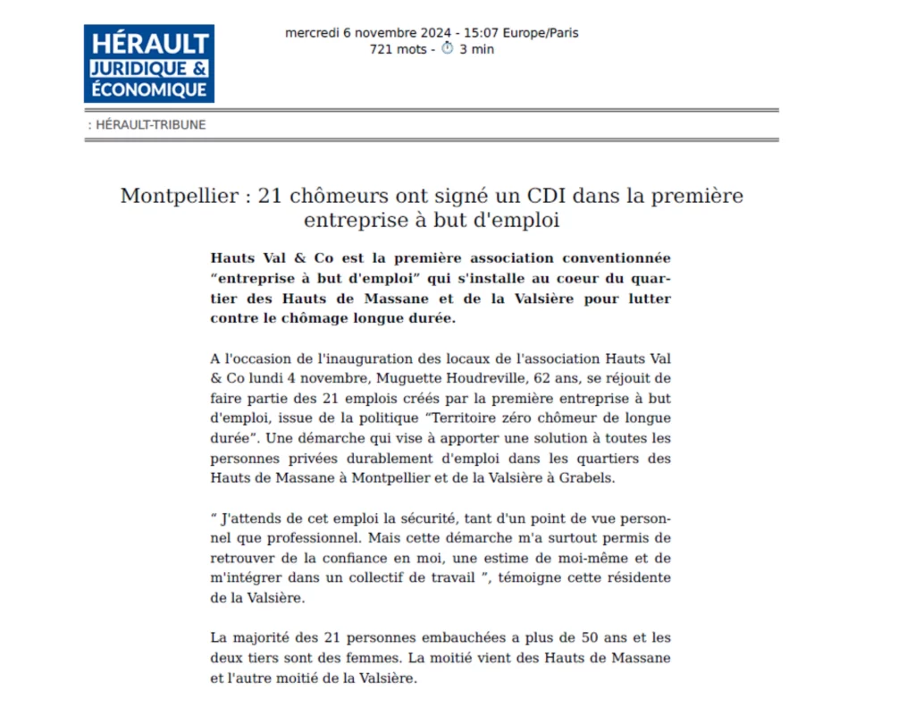 Article Hérault Tribune - Novembre 2024